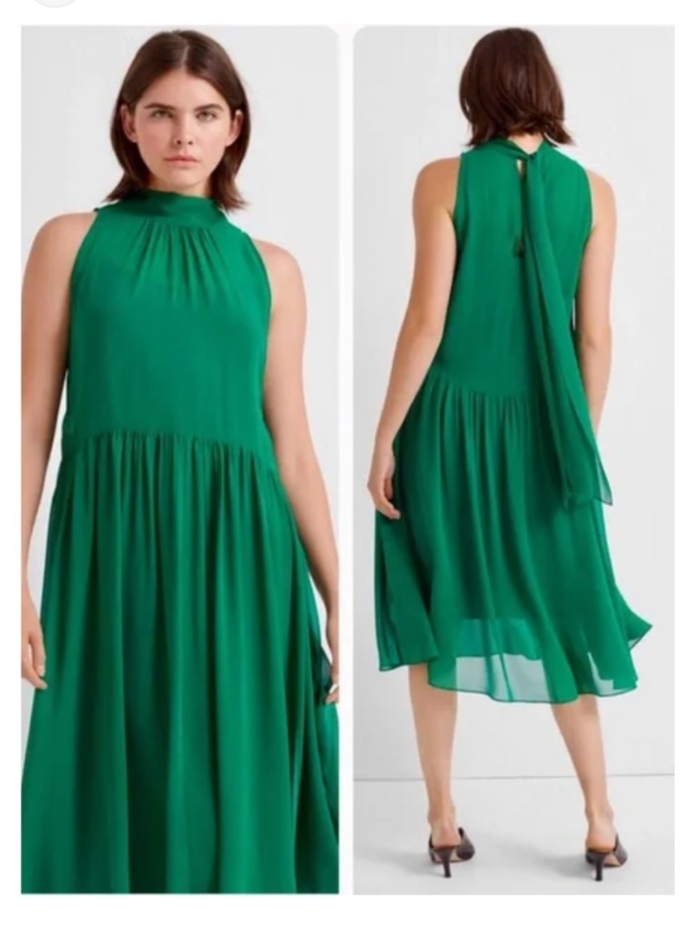 Club Monaco NWT 100% Silk Emerald Green Tie Back Flowy Midi Dress Size 4